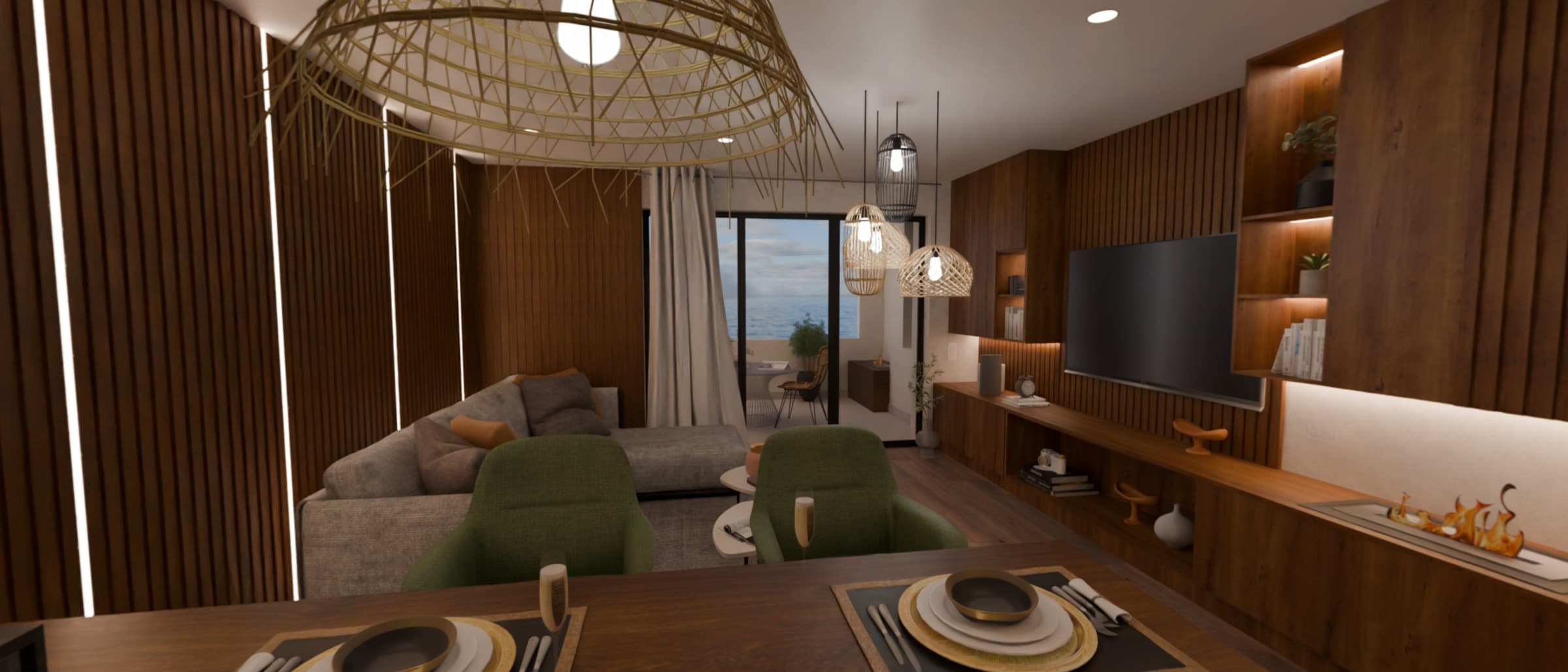 A living room modelled and lit from a floor plan, looking out to sea