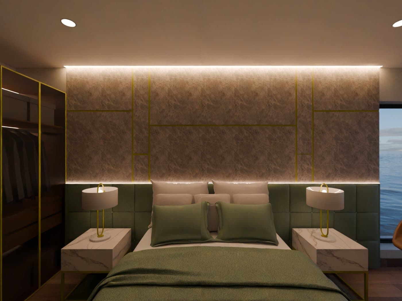 Bedroom, modelled and lit from a floor plan