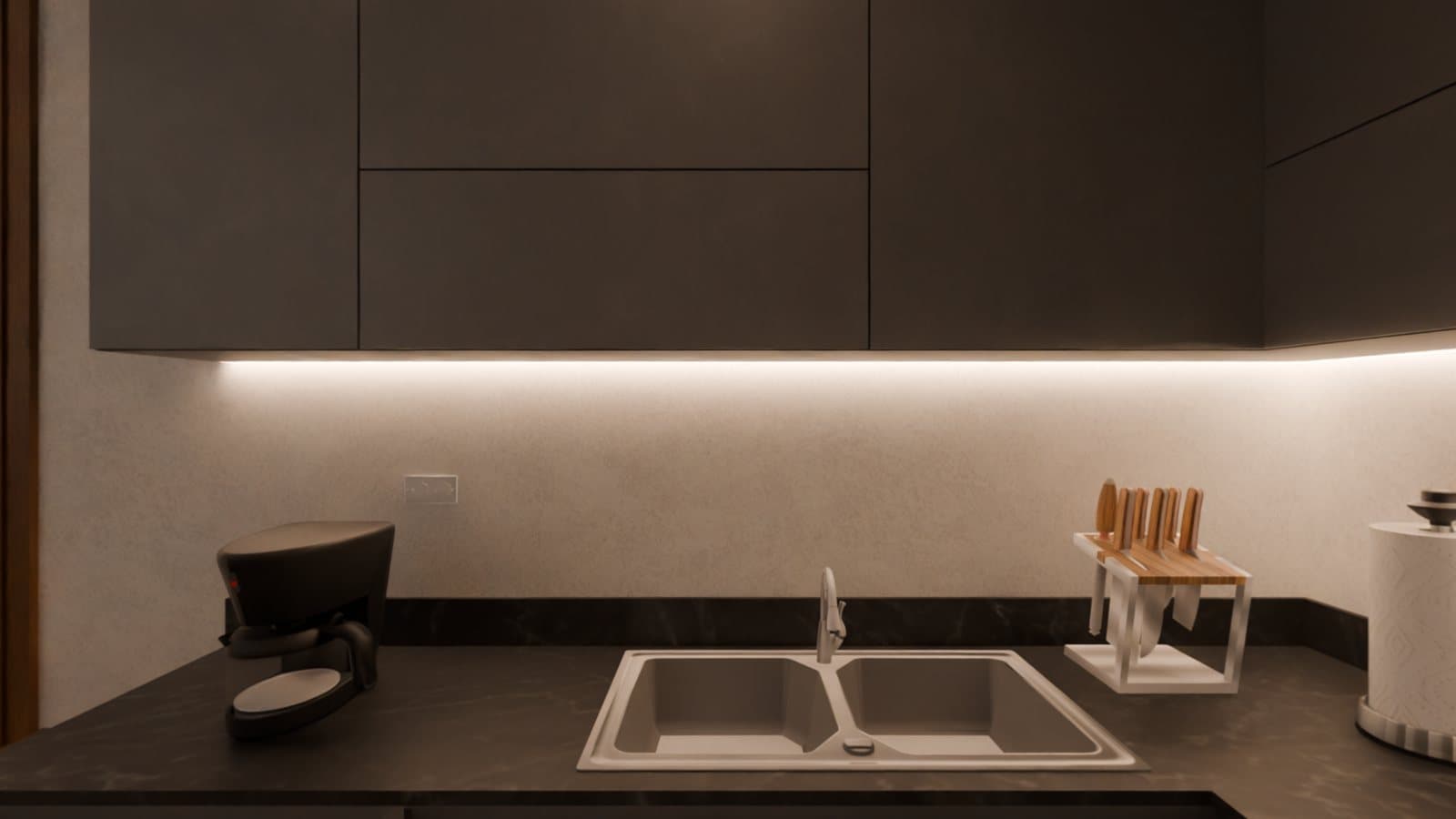 Kitchen, modelled and lit from a floor plan